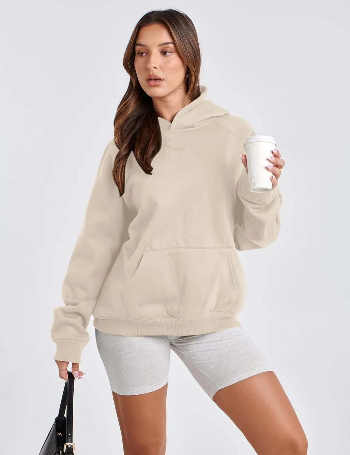 Women Solid Basic Loose Fleece Hoodies Sweatshirt Oversized Long Sleeve Drop Shoulder Kangaroo Pockets Pullovers Top