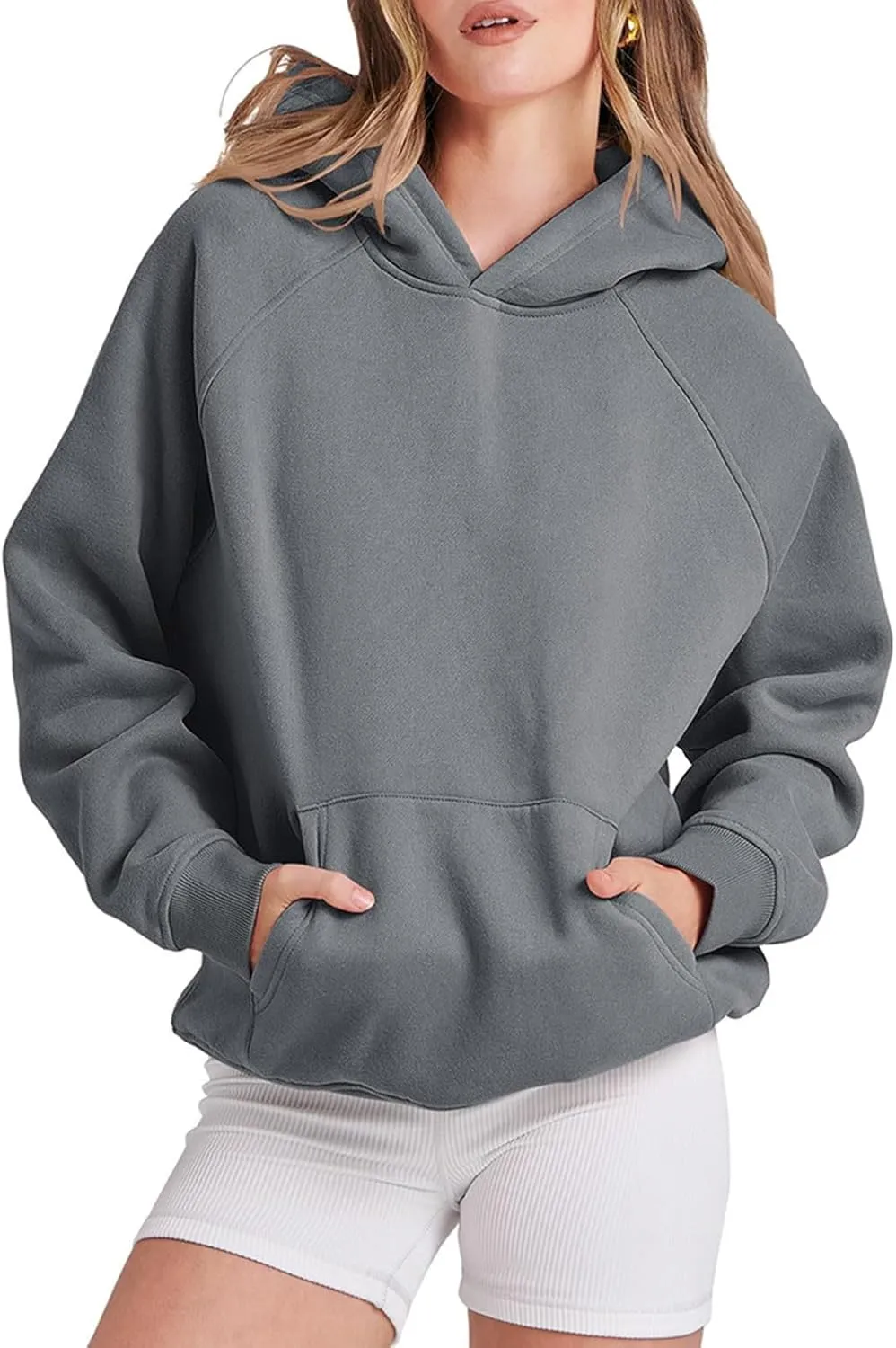 Women Solid Basic Loose Hoodie Fleece Long Sleeve Pocket Drop Shoulder Pullovers Oversized Hooded Sweatshirts Top