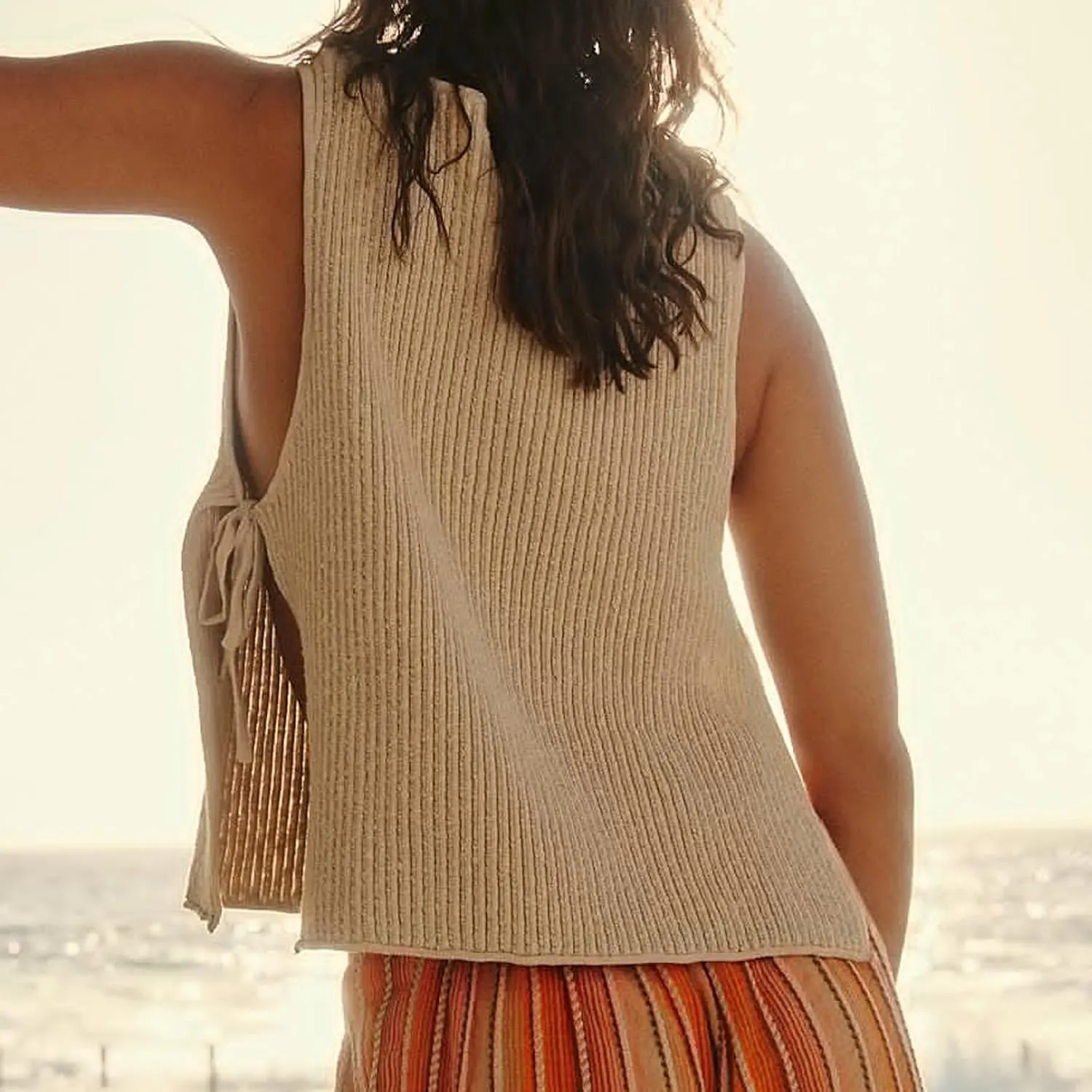 Women Split Side Tie Sweater Vest Top Y2k Ribbed Knit Tank Tops