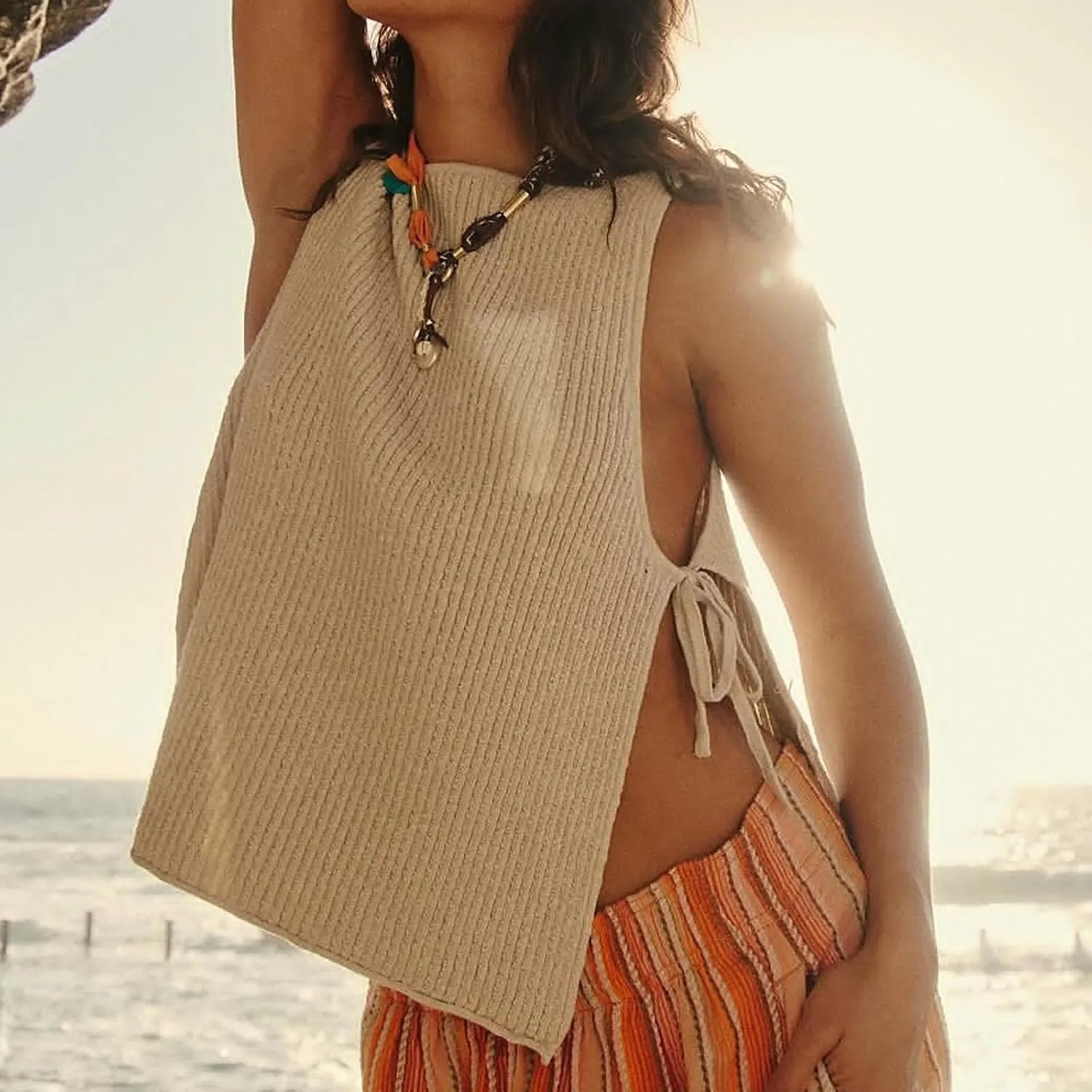 Women Split Side Tie Sweater Vest Top Y2k Ribbed Knit Tank Tops