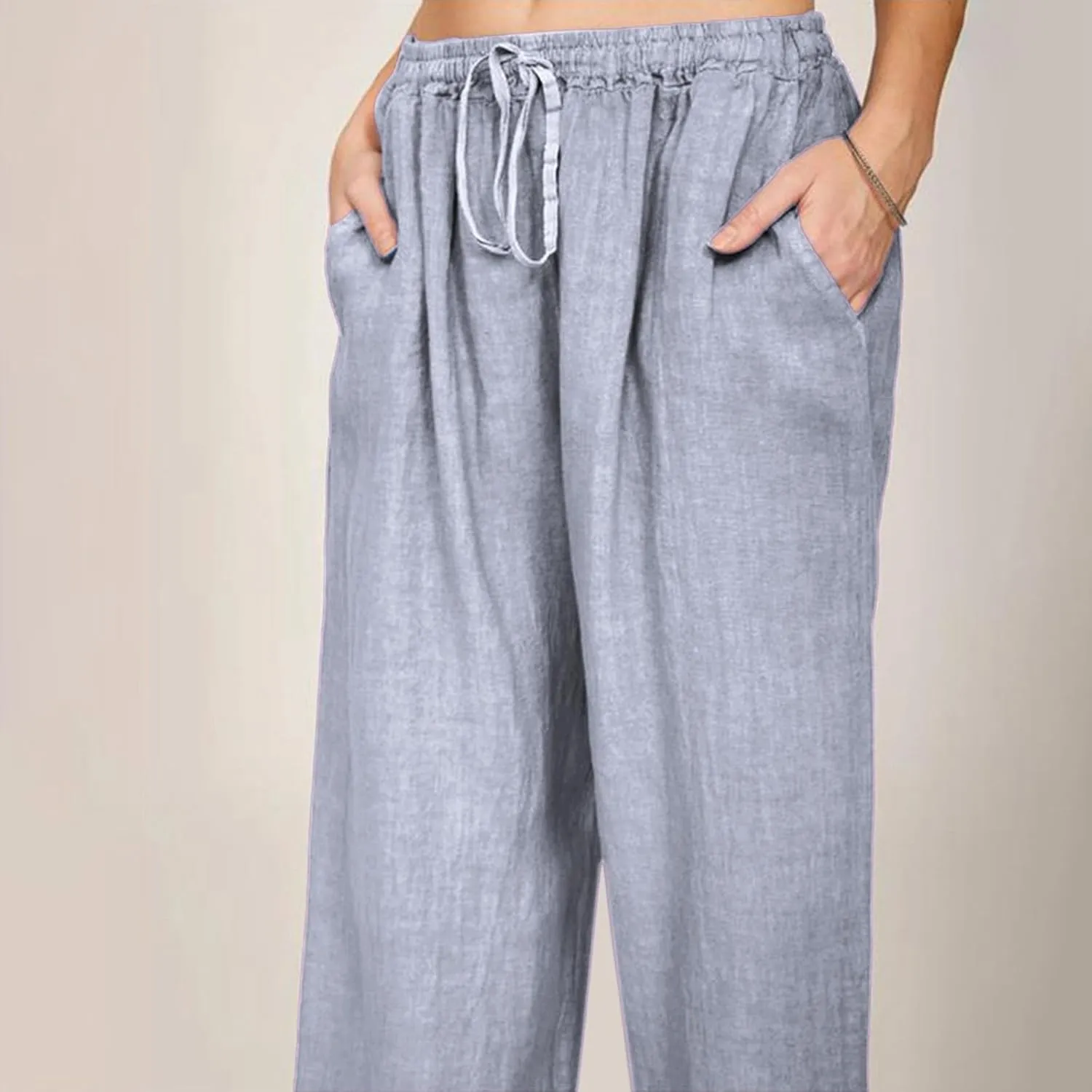 Women Summer Casual Drawstring Waist Cotton Linen Pants Wide Leg Flowy Beach Palazzo Slacks Cute Lightweight Trousers