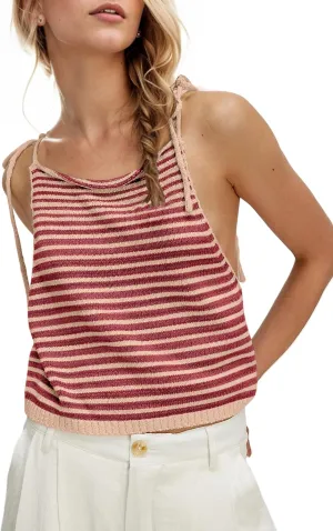 Women Summer Striped Tie Shoulder Sweater Tank Color Block Knit Scoop Neck Beach Vacation Crop Cami Tops