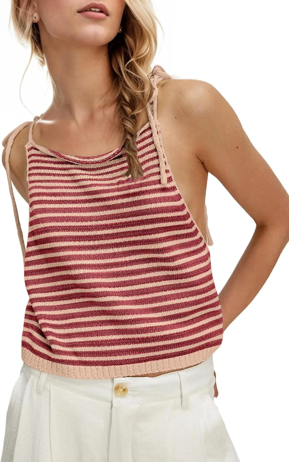 Women Summer Striped Tie Shoulder Sweater Tank Color Block Knit Scoop Neck Beach Vacation Crop Cami Tops