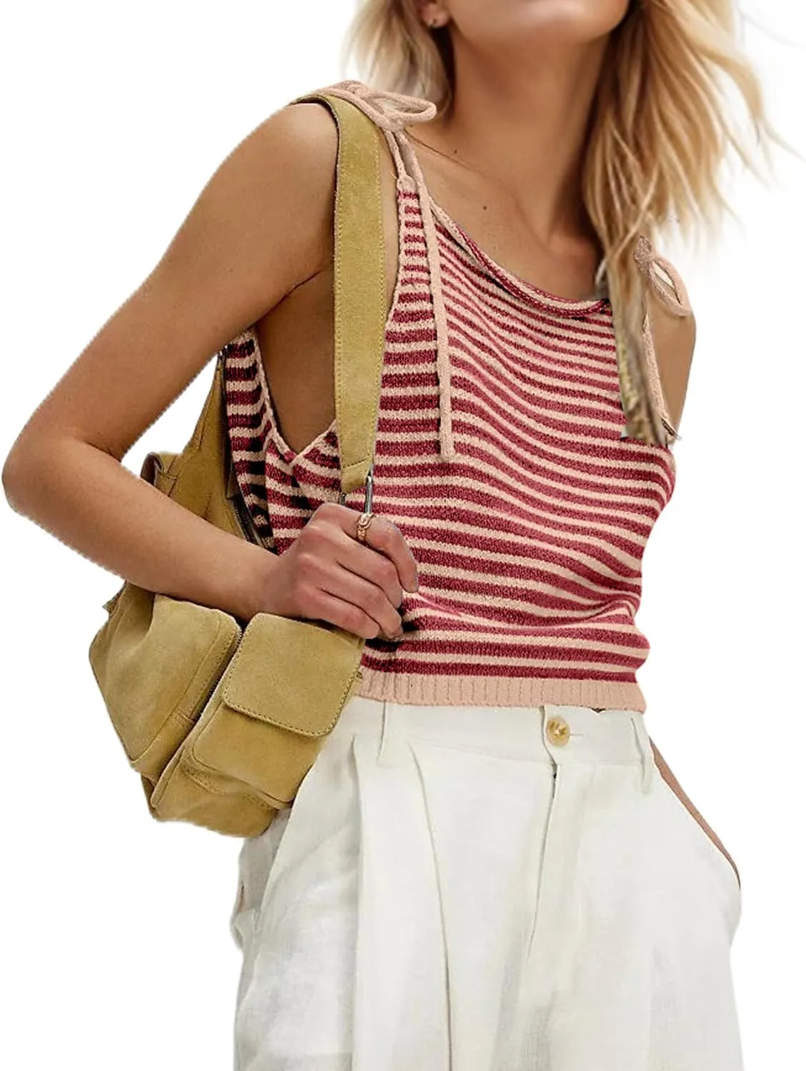 Women Summer Striped Tie Shoulder Sweater Tank Color Block Knit Scoop Neck Beach Vacation Crop Cami Tops