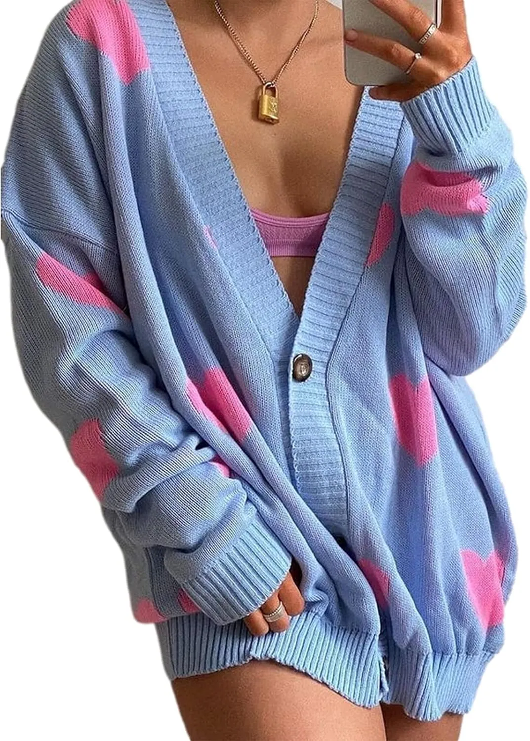 Women Valentines Day Heart Sweater Cardigan Long Sleeve Button Open Front Casual Loose Knit Sweater Outerwear