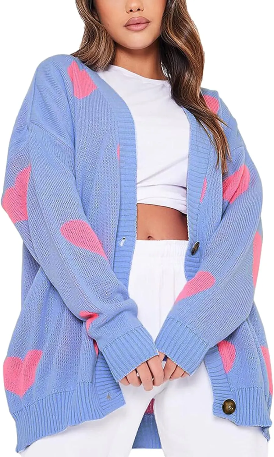 Women Valentines Day Heart Sweater Cardigan Long Sleeve Button Open Front Casual Loose Knit Sweater Outerwear