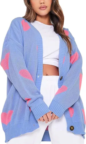 Women Valentines Day Heart Sweater Cardigan Long Sleeve Button Open Front Casual Loose Knit Sweater Outerwear