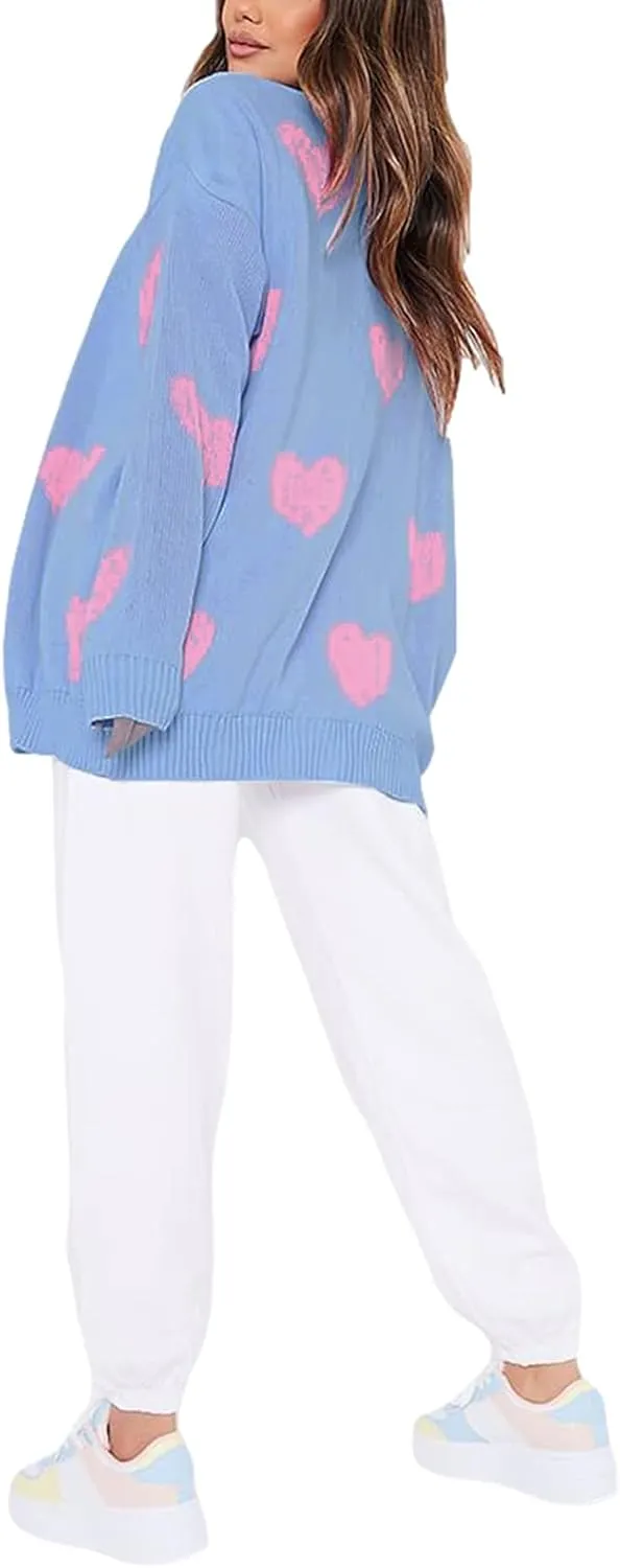 Women Valentines Day Heart Sweater Cardigan Long Sleeve Button Open Front Casual Loose Knit Sweater Outerwear