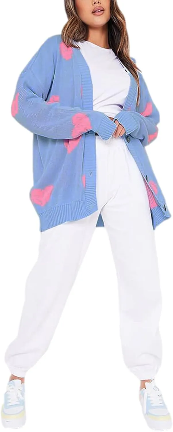 Women Valentines Day Heart Sweater Cardigan Long Sleeve Button Open Front Casual Loose Knit Sweater Outerwear
