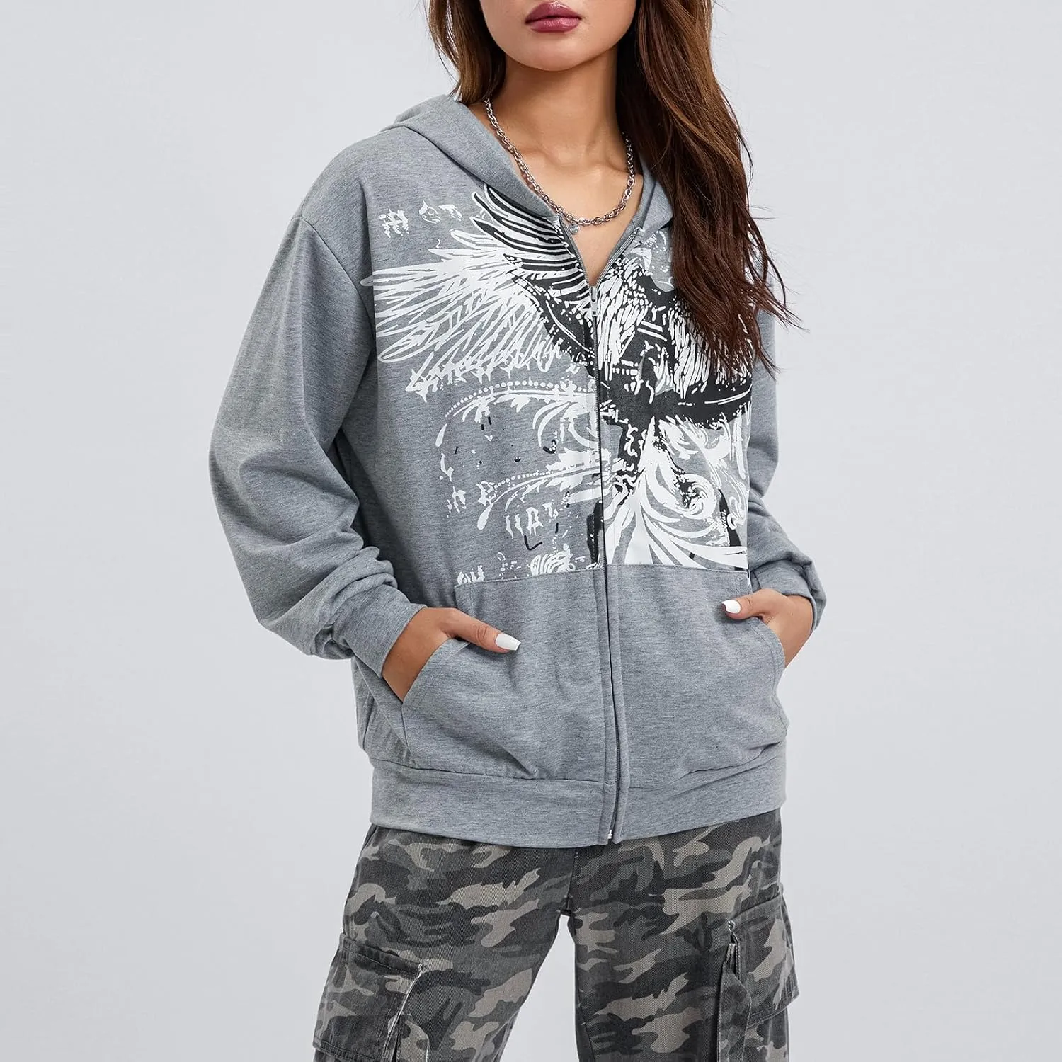Women Vintage Oversized Long Sleeve Skeleton Printed Sweatshirt Zip Up Goth Hoodie Y2k Aesthetic Jacket Streetwear