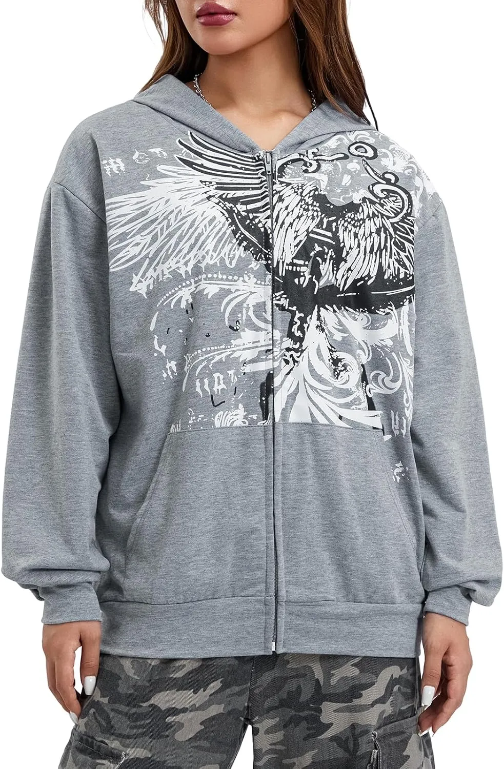 Women Vintage Oversized Long Sleeve Skeleton Printed Sweatshirt Zip Up Goth Hoodie Y2k Aesthetic Jacket Streetwear