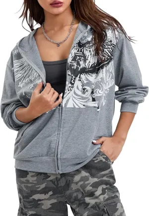 Women Vintage Oversized Long Sleeve Skeleton Printed Sweatshirt Zip Up Goth Hoodie Y2k Aesthetic Jacket Streetwear