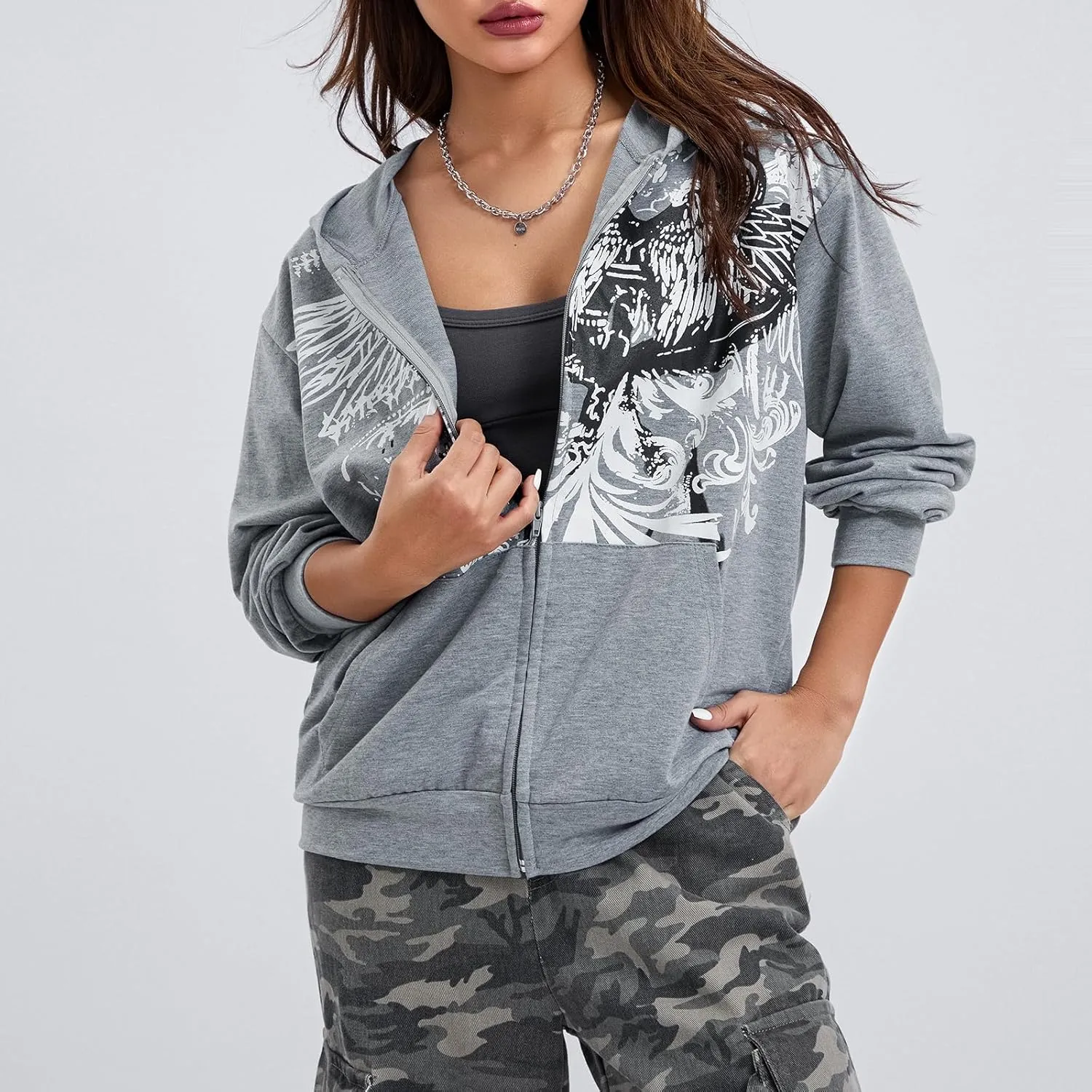 Women Vintage Oversized Long Sleeve Skeleton Printed Sweatshirt Zip Up Goth Hoodie Y2k Aesthetic Jacket Streetwear