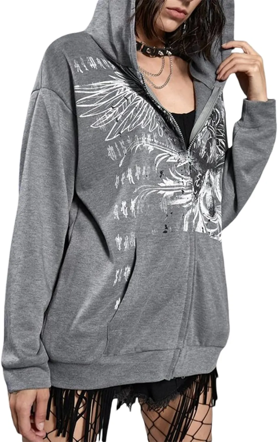 Women Vintage Oversized Long Sleeve Skeleton Printed Sweatshirt Zip Up Goth Hoodie Y2k Aesthetic Jacket Streetwear