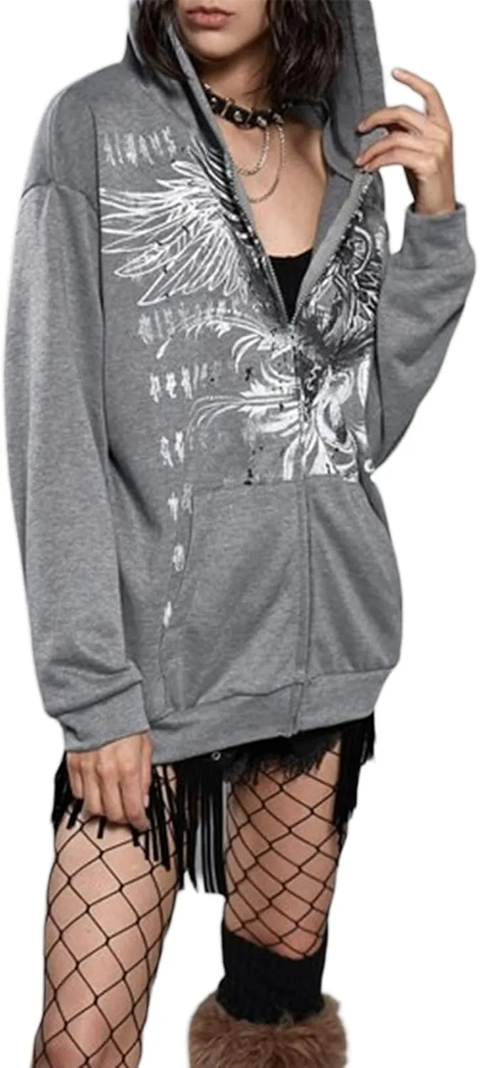 Women Vintage Oversized Long Sleeve Skeleton Printed Sweatshirt Zip Up Goth Hoodie Y2k Aesthetic Jacket Streetwear