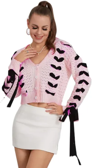 Women Y2k Bow Knit Sweater Loose Fit Long Sleeve Ribbon Drawstring Eyelet Cropped Jumper Going Out Coquette Clothes