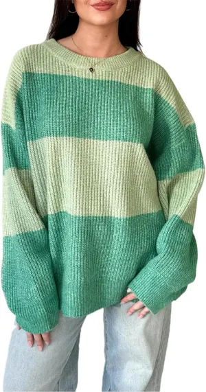 Women Y2k Oversized Striped Sweater Vintage Color Block Crew Neck Chunky Long Sleeve Pullover Harajuku Jumper