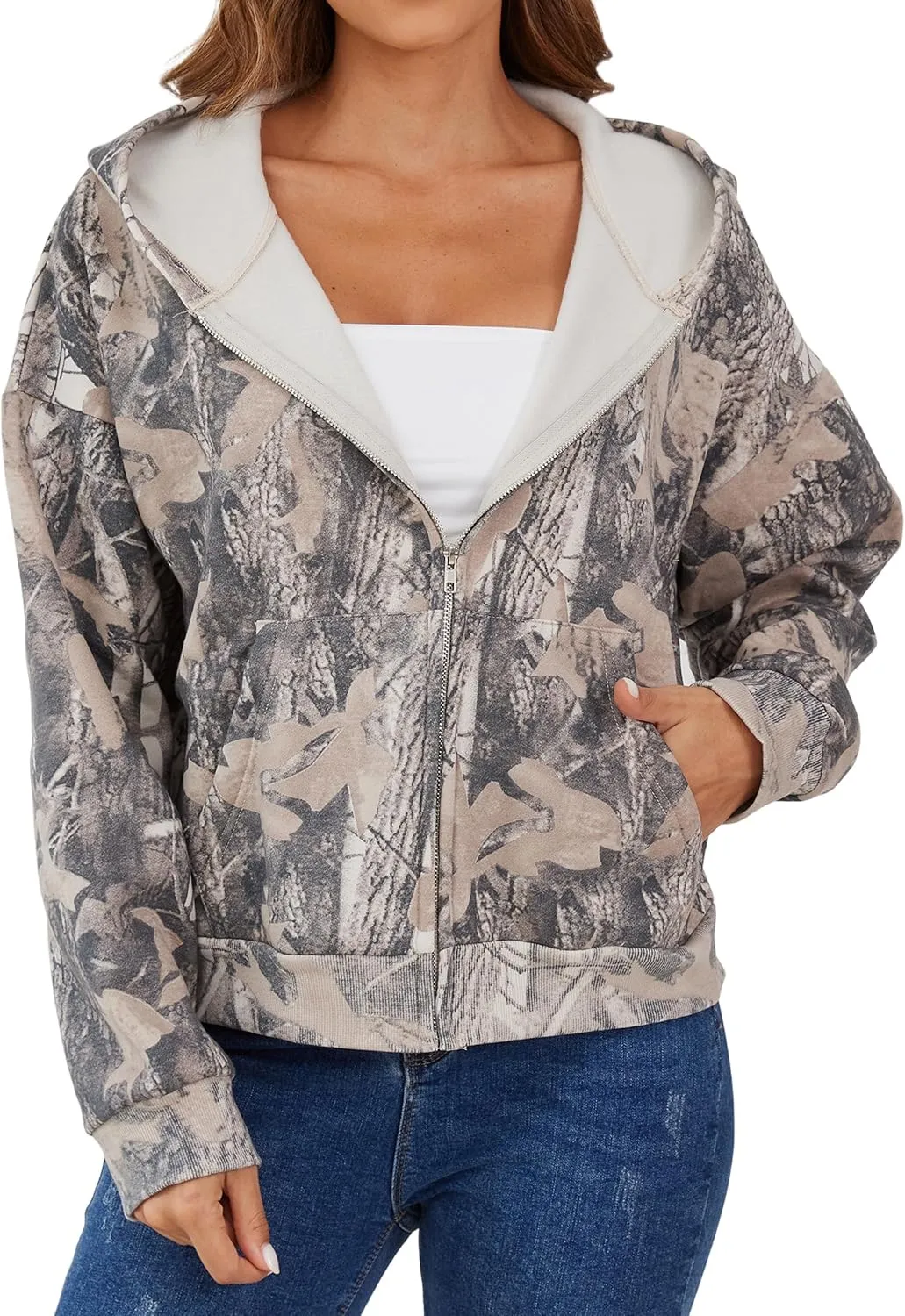 Women Zip Up Camo Hoodie Zipper Fleece Oversized Hoodies Maple Leaf Print Camouflage Cropped Hooded Sweatshirt Trendy