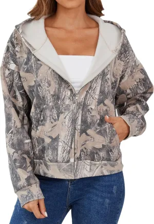 Women Zip Up Camo Hoodie Zipper Fleece Oversized Hoodies Maple Leaf Print Camouflage Cropped Hooded Sweatshirt Trendy