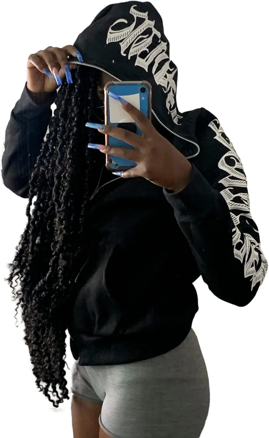 Women Zip Up Hoodie Y2k Letter Graphic Print Rhinestone Oversized Hoodies Gothic Jacket Vintage Streetwear
