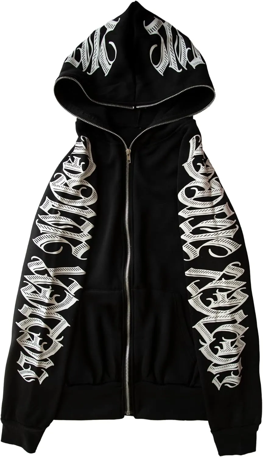 Women Zip Up Hoodie Y2k Letter Graphic Print Rhinestone Oversized Hoodies Gothic Jacket Vintage Streetwear