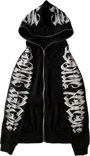 Women Zip Up Hoodie Y2k Letter Graphic Print Rhinestone Oversized Hoodies Gothic Jacket Vintage Streetwear