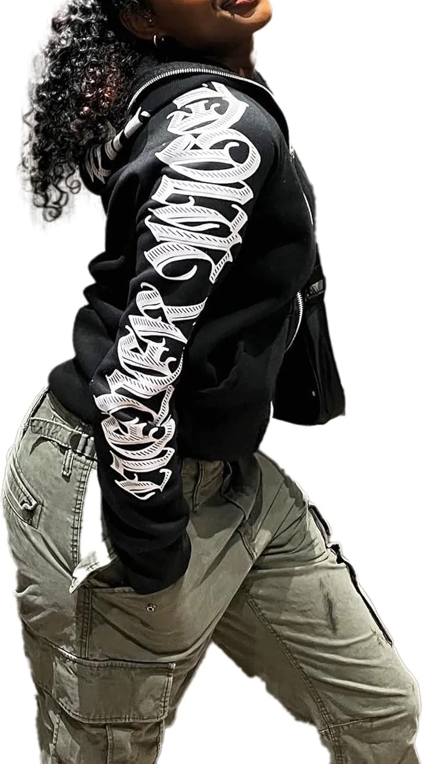 Women Zip Up Hoodie Y2k Letter Graphic Print Rhinestone Oversized Hoodies Gothic Jacket Vintage Streetwear