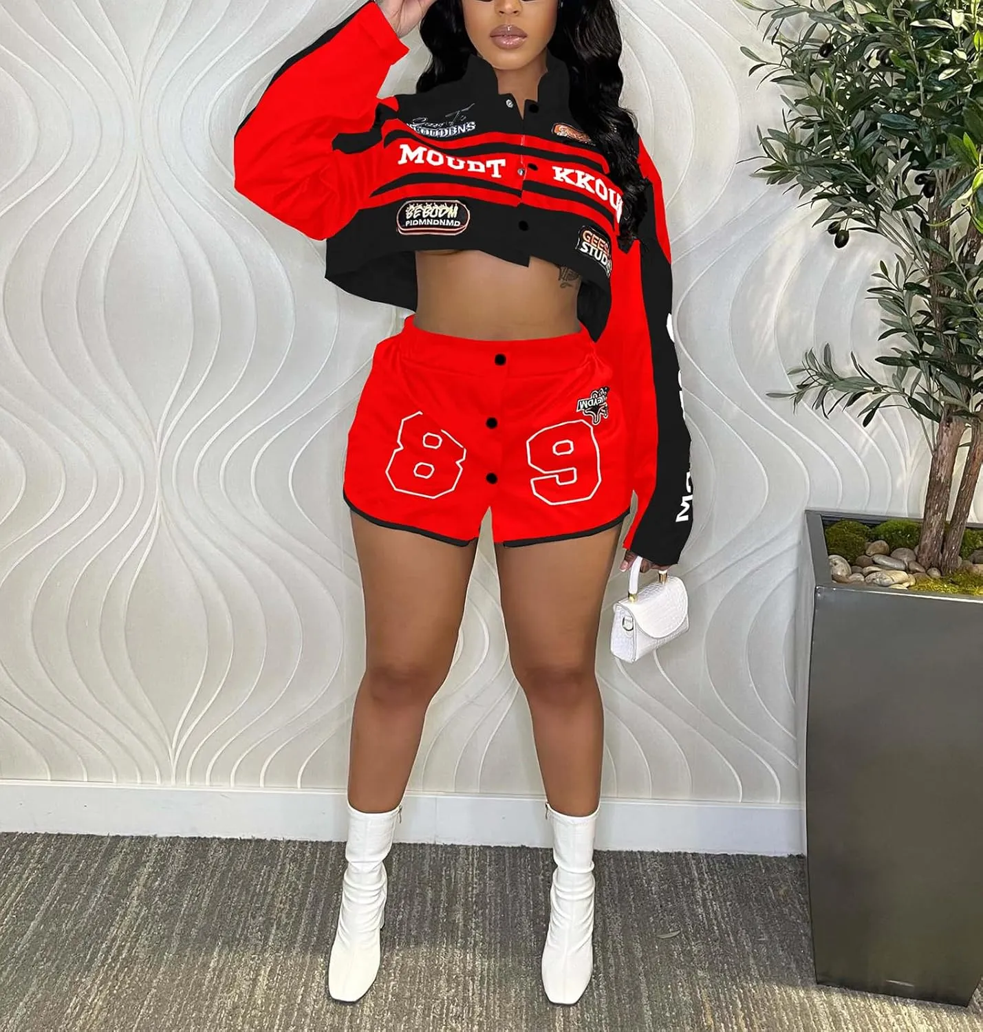 Women's 2 Piece Outfits Long Sleeve Crop Jacket Top Bodycon Mini Skirt Set Lightweight Baseball Jacket Streetwear