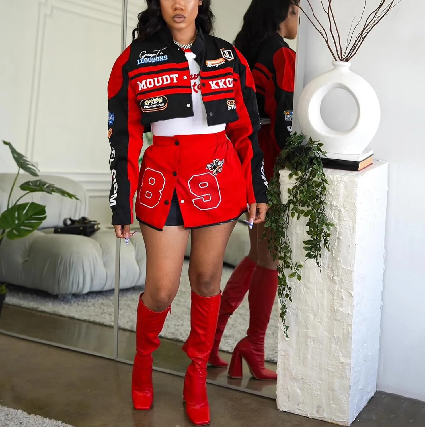 Women's 2 Piece Outfits Long Sleeve Crop Jacket Top Bodycon Mini Skirt Set Lightweight Baseball Jacket Streetwear