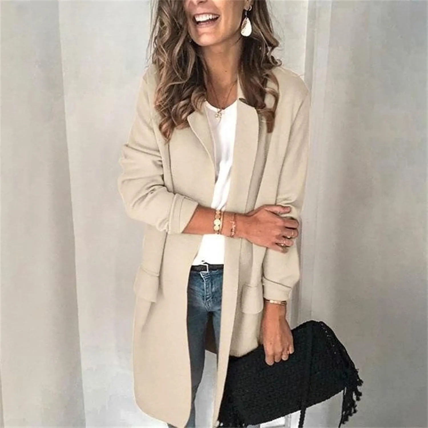 Womens 2023 Long Blazers Casual Open Front Jackets Long Sleeve Lightweight Work Office Jackets Blazer with Pockets