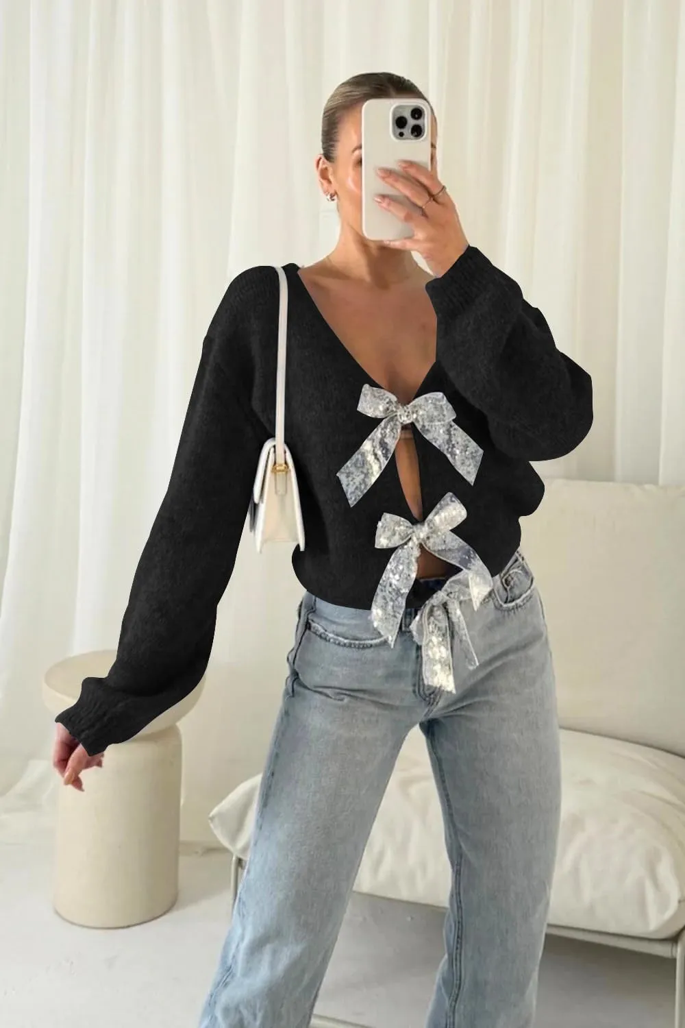 Womens 2024 Fall Winter Bow Knot Cardigan Sweater Long Sleeve Open Front V Neck Chunky Knit Cardigan Coats
