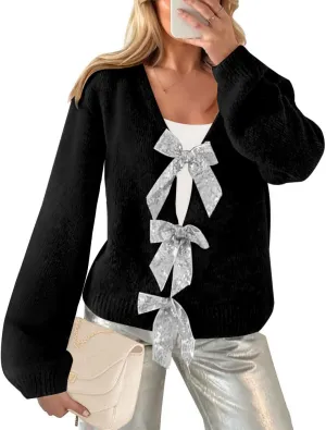 Womens 2024 Fall Winter Bow Knot Cardigan Sweater Long Sleeve Open Front V Neck Chunky Knit Cardigan Coats