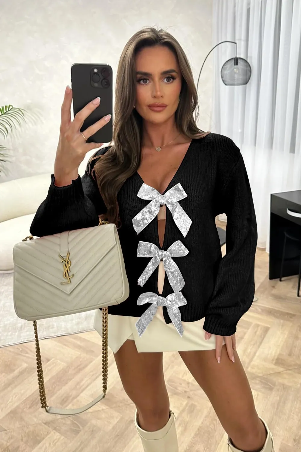 Womens 2024 Fall Winter Bow Knot Cardigan Sweater Long Sleeve Open Front V Neck Chunky Knit Cardigan Coats