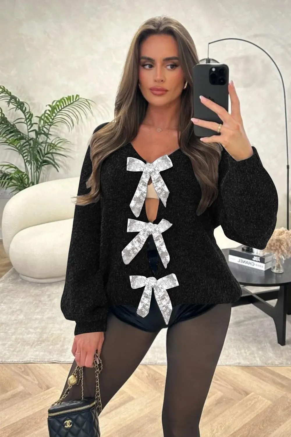 Womens 2024 Fall Winter Bow Knot Cardigan Sweater Long Sleeve Open Front V Neck Chunky Knit Cardigan Coats