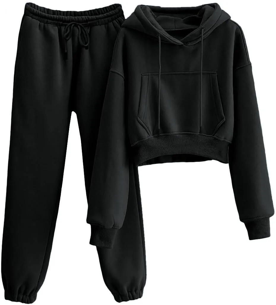 Women's 2pc Airport Outfits Casual Hoodie Fleece Tracksuit Sweatshirt Pullover Jogging Pants Pockets