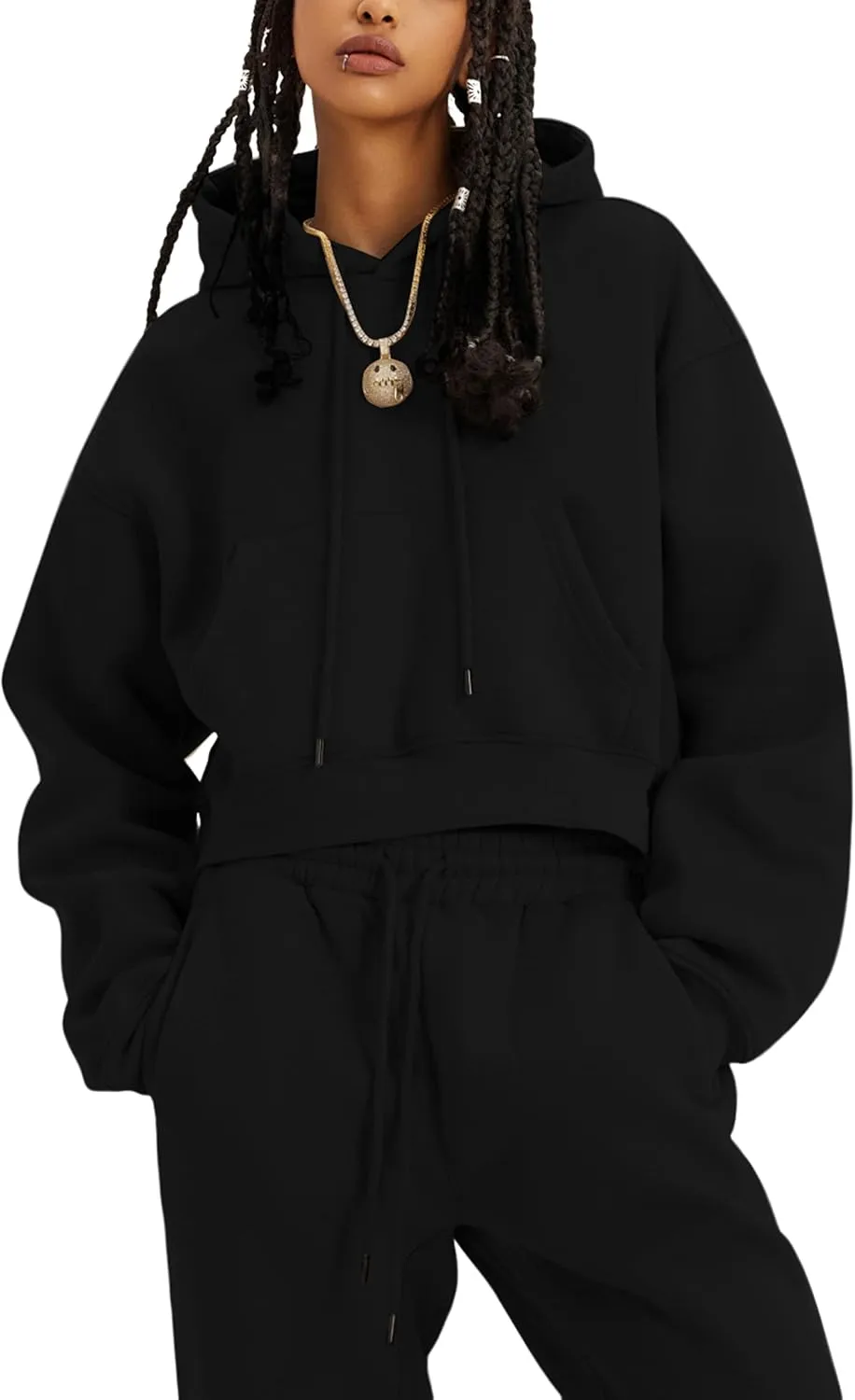 Women's 2pc Airport Outfits Casual Hoodie Fleece Tracksuit Sweatshirt Pullover Jogging Pants Pockets