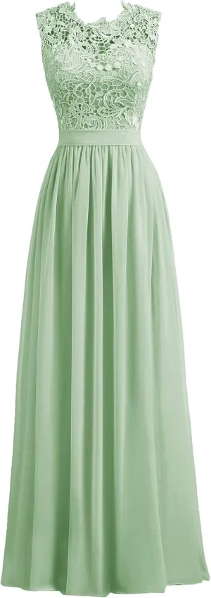 Women's A-line Lace Top Chiffon Bottom Wedding Party Bridesmaid Dress Long