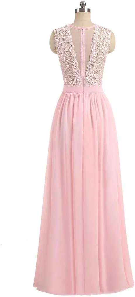 Women's A-line Lace Top Chiffon Bottom Wedding Party Bridesmaid Dress Long
