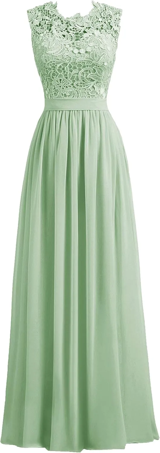Women's A-line Lace Top Chiffon Bottom Wedding Party Bridesmaid Dress Long