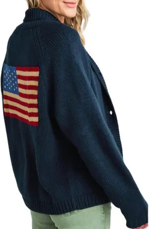 Womens American Flag Sweater Cardigan USA Flag Star Stripe Long Sleeve Knitted Casual Knitwear Sweaters