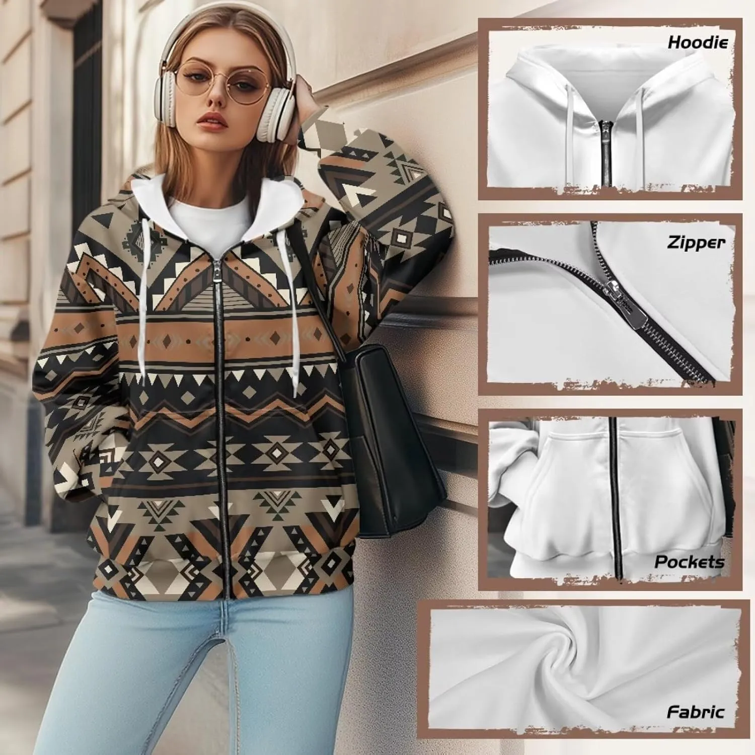 Women's Aztec Print Hoodies Casual Long Sleeve Zip Up Ethnic Western Drawstring Hooded Sweatshirts with Pockets