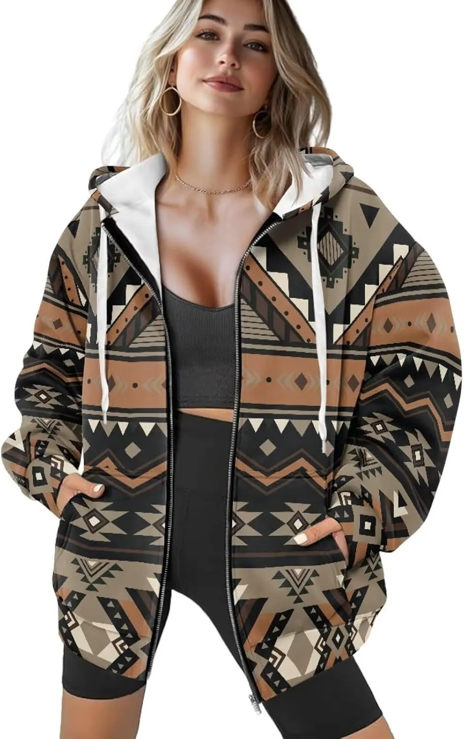 Women's Aztec Print Hoodies Casual Long Sleeve Zip Up Ethnic Western Drawstring Hooded Sweatshirts with Pockets