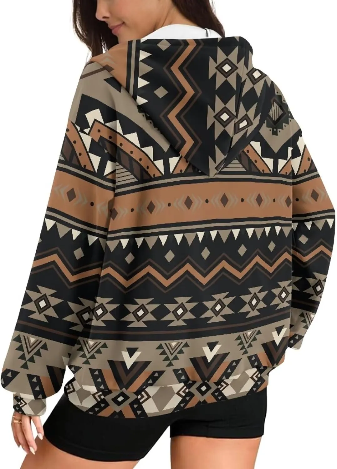 Women's Aztec Print Hoodies Casual Long Sleeve Zip Up Ethnic Western Drawstring Hooded Sweatshirts with Pockets