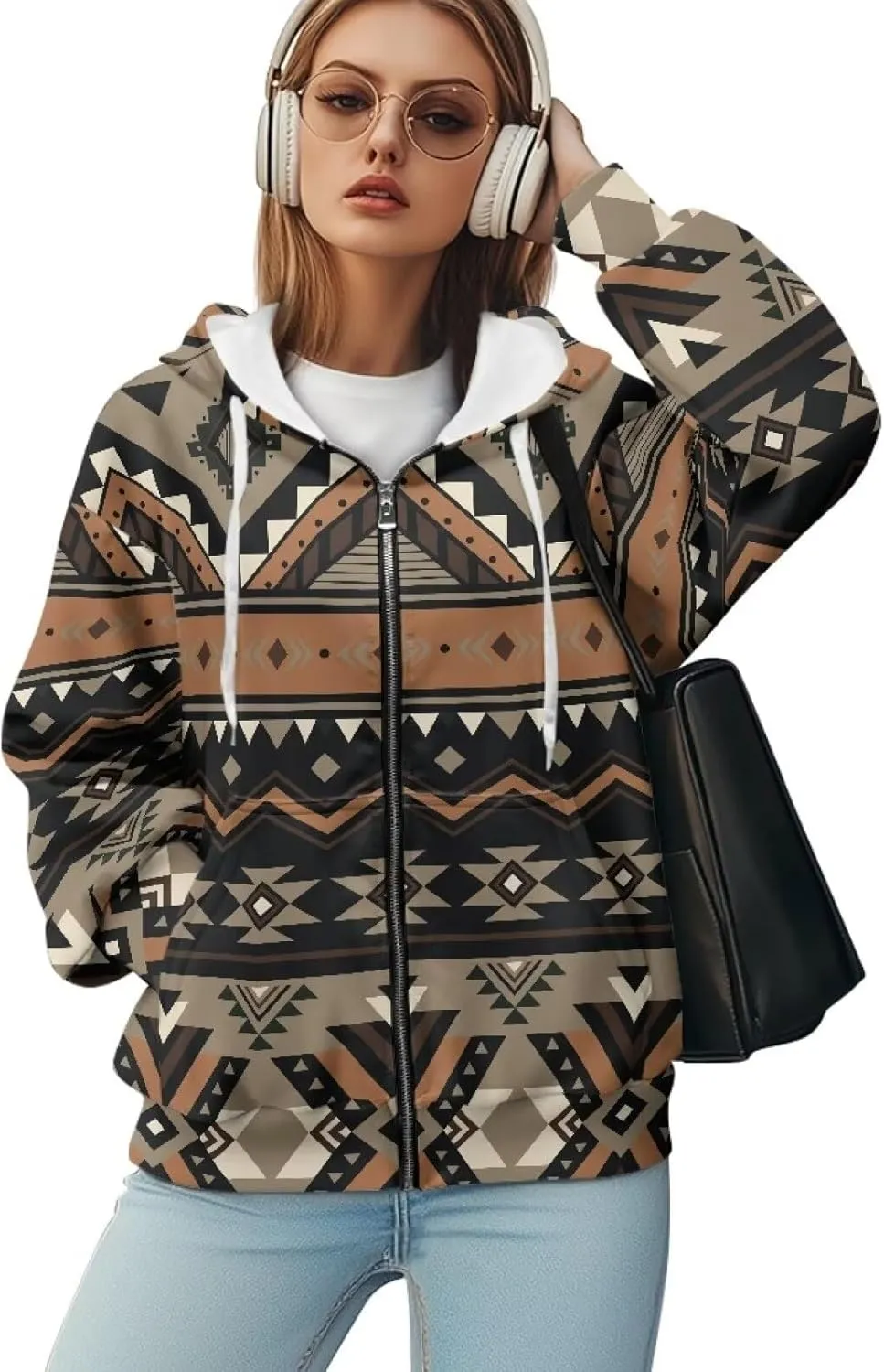 Women's Aztec Print Hoodies Casual Long Sleeve Zip Up Ethnic Western Drawstring Hooded Sweatshirts with Pockets