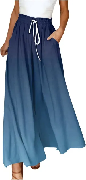 Women's Bohemian Gradient Color Elastic Casual High Waisted Wide Leg Dressy Loose Fit Pants with Pockets