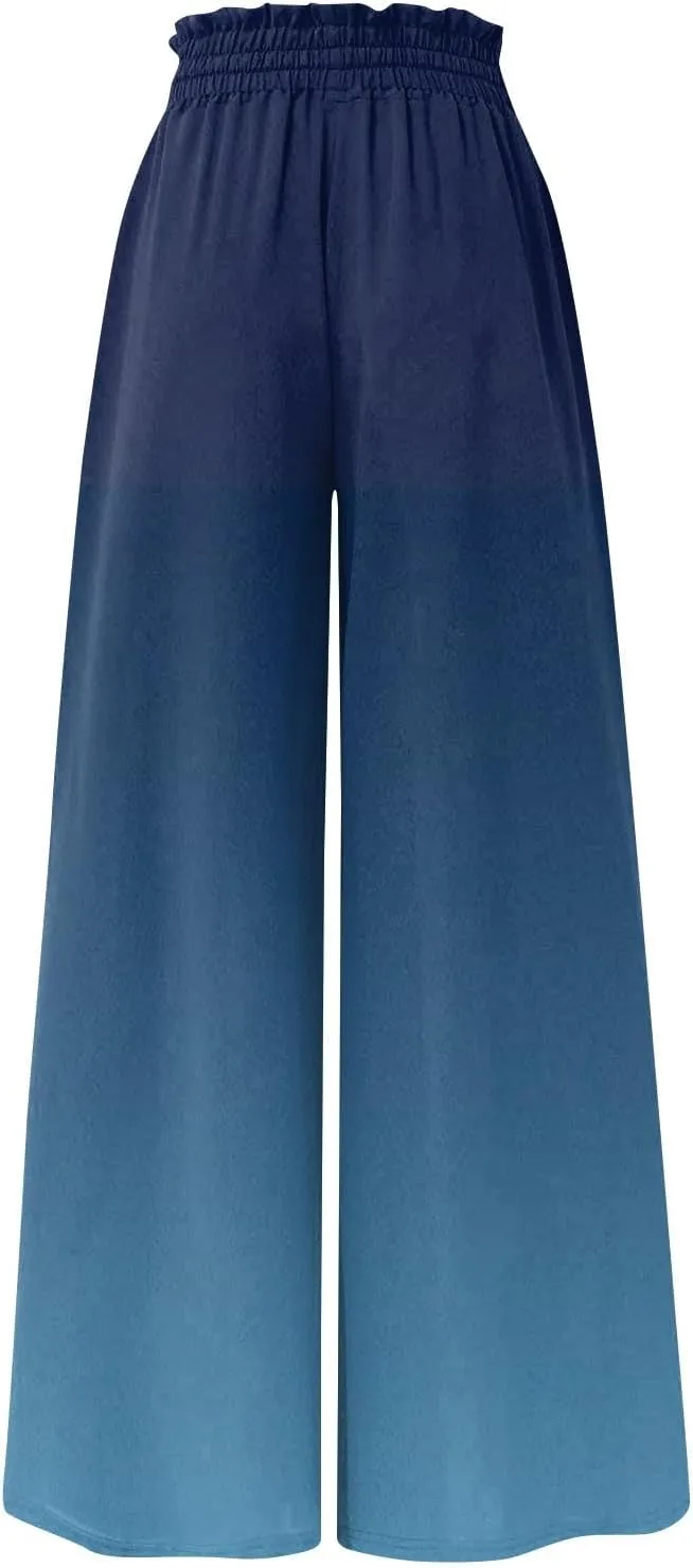 Women's Bohemian Gradient Color Elastic Casual High Waisted Wide Leg Dressy Loose Fit Pants with Pockets