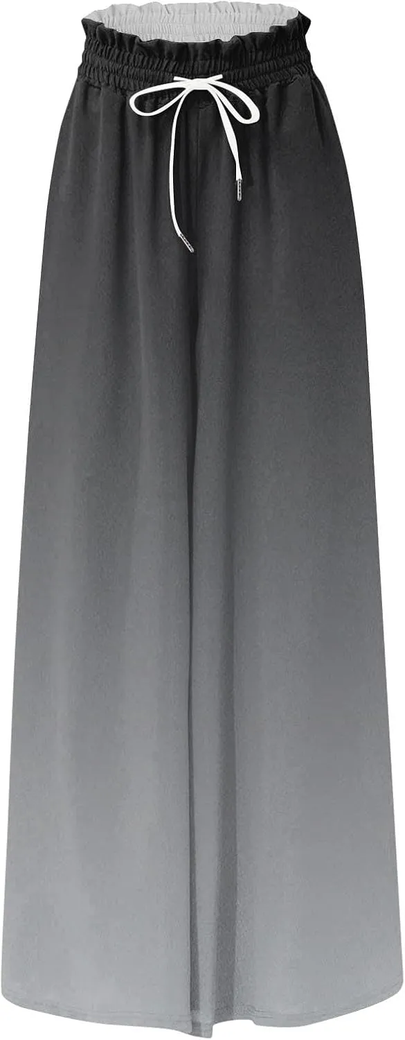 Women's Bohemian Gradient Color Elastic Casual High Waisted Wide Leg Dressy Loose Fit Pants with Pockets