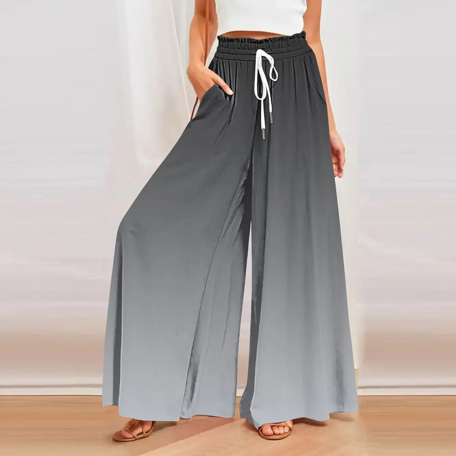Women's Bohemian Gradient Color Elastic Casual High Waisted Wide Leg Dressy Loose Fit Pants with Pockets