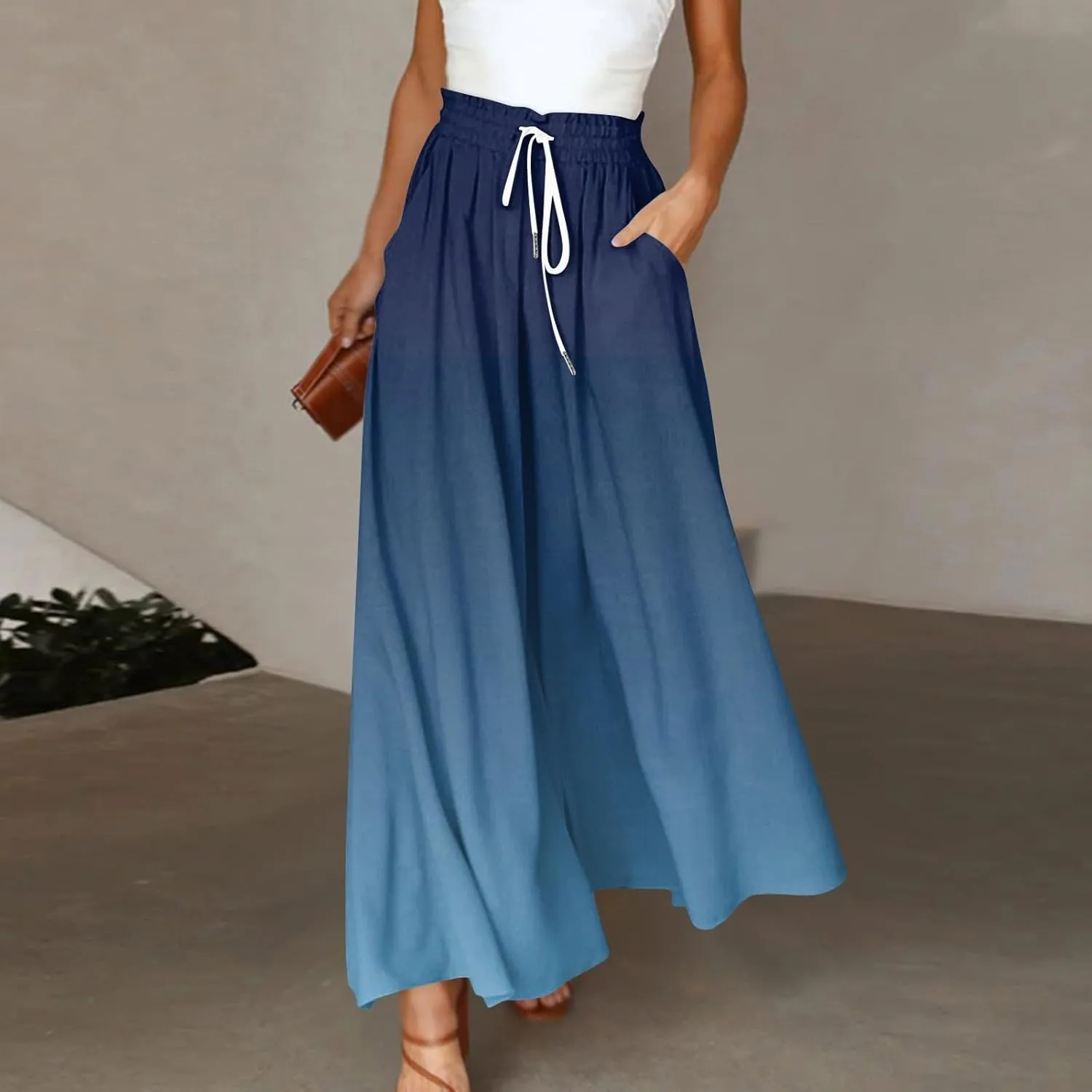 Women's Bohemian Gradient Color Elastic Casual High Waisted Wide Leg Dressy Loose Fit Pants with Pockets