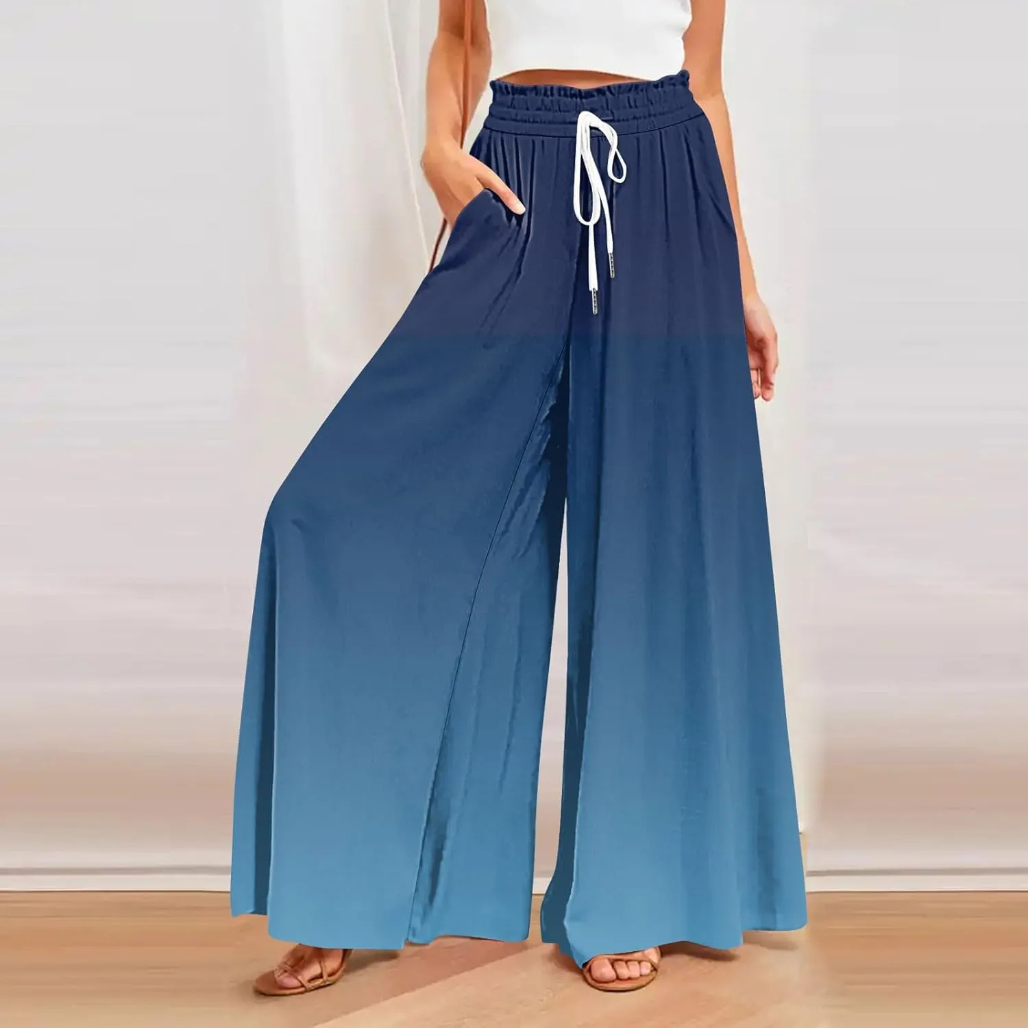 Women's Bohemian Gradient Color Elastic Casual High Waisted Wide Leg Dressy Loose Fit Pants with Pockets